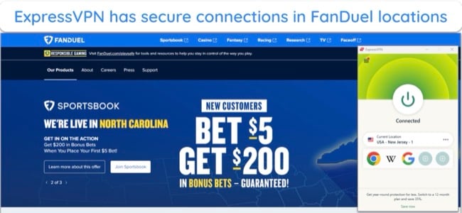 image of ExpressVPN connected to a USA-New Jersey server, with FanDuel open in a web page.