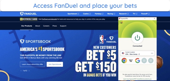 Screenshot of FanDuel working smoothly while connected to ExpressVPN's New Jersey server