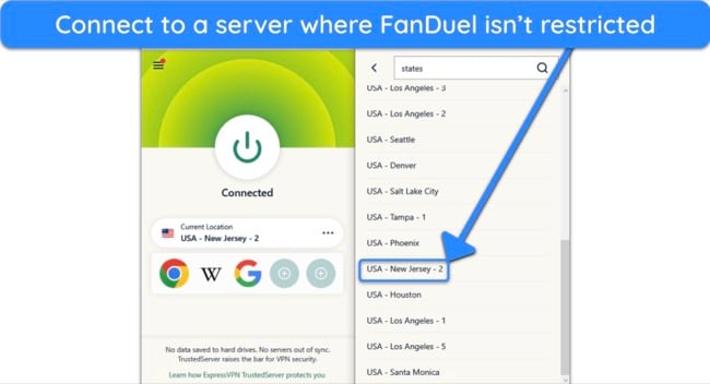 Screenshot showing how to connect to an ExpressVPN server in a location where FanDuel isn't restricted