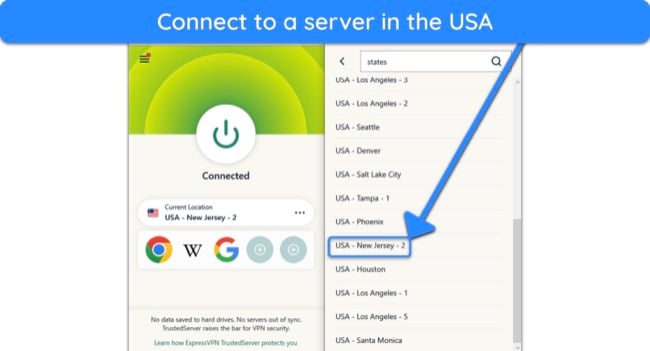 Screenshot showing how to connect to an ExpressVPN server in the US