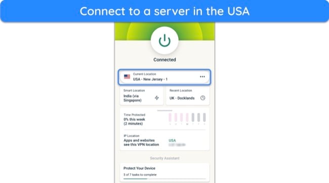 Screenshot showing ExpressVPN's Android app connected to a server in the US