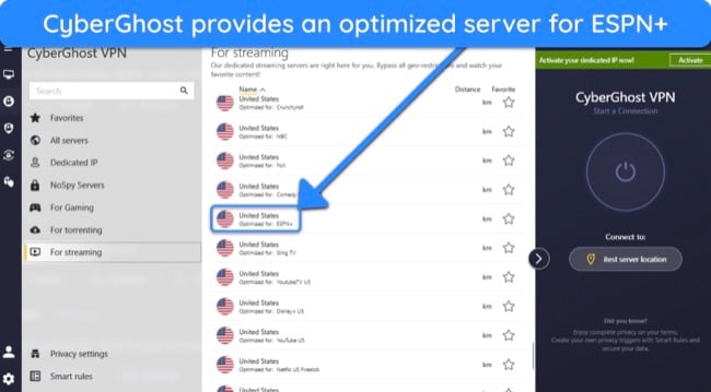 Screenshot showing CyberGhost's streaming-optimized server for ESPN+