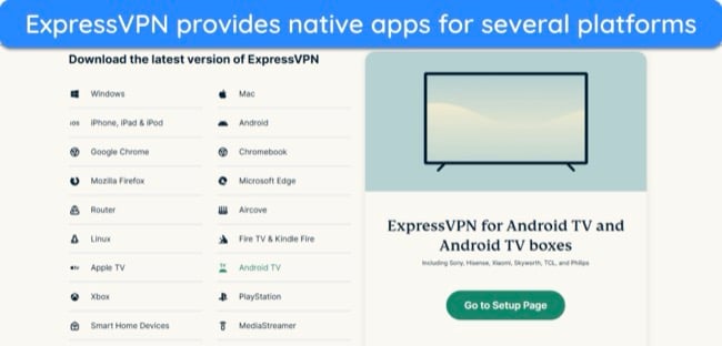 Screenshot showing ExpressVPN's list of apps