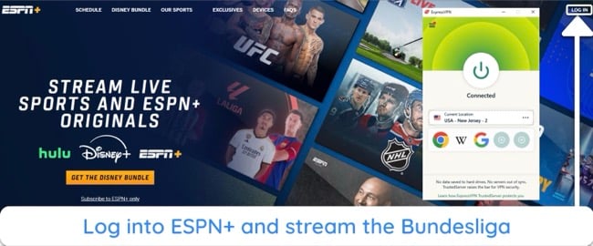 Screenshot showing how to log into ESPN+ after connecting ExpressVPN