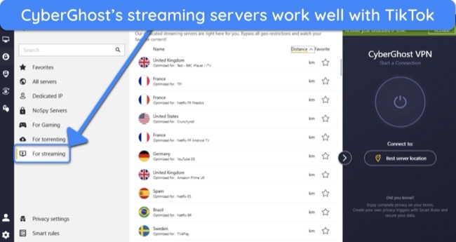 Screenshot of CyberGhost's various streaming-optimized servers