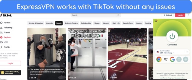 Screenshot of TikTok working without issues while connected to an ExpressVPN server in the US