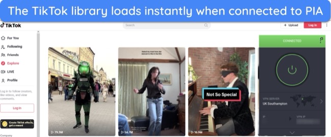 Screenshot of the TikTok library loading while connected to a PIA server in the UK