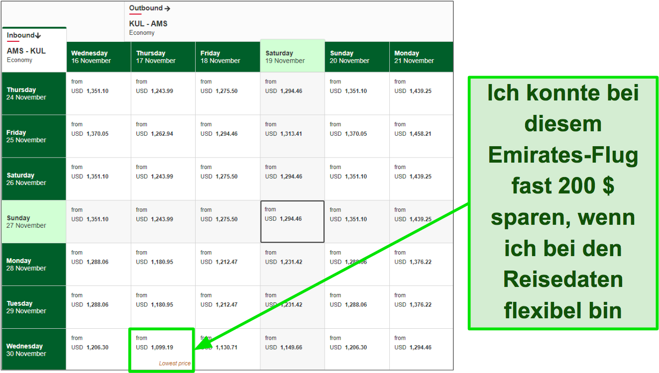 Screenshot of Emirates airline showing lower fares for alternative travel dates