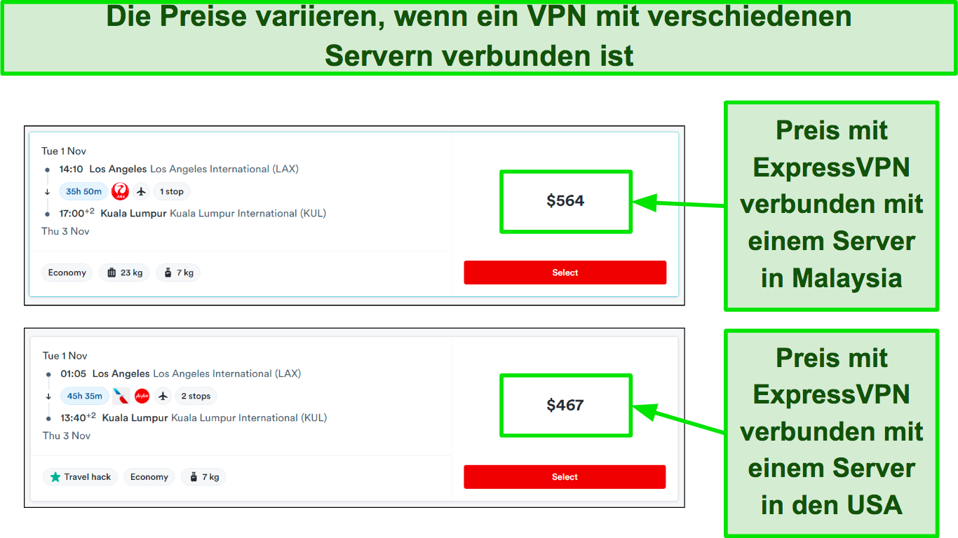 Screenshot des Preisunterschieds bei AirAsia-Tickets, wenn ExpressVPN mit verschiedenen Servern verbunden war