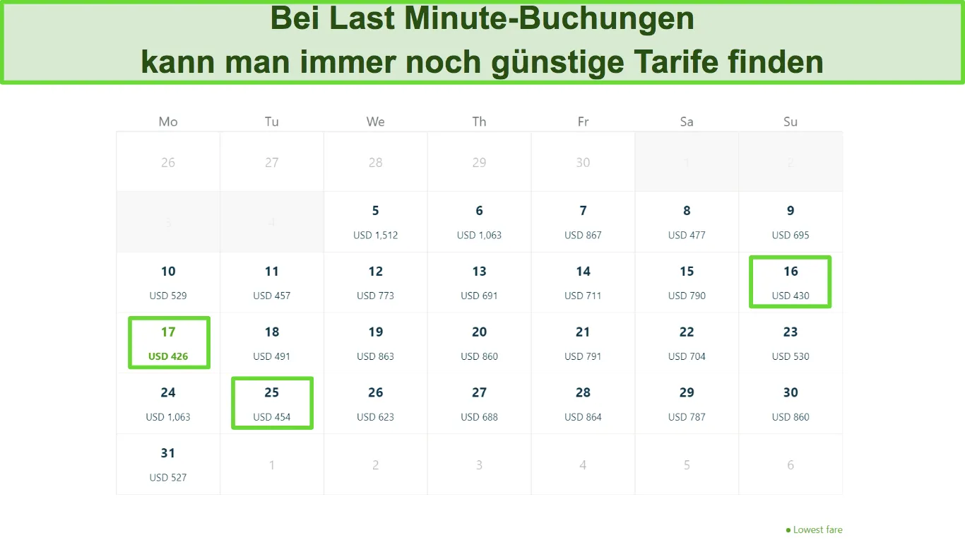 Screenshot of KLM's fares within the travel month with some cheap options