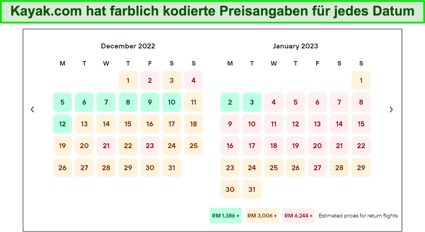 Screenshot of Kayak.com's color coded calendar