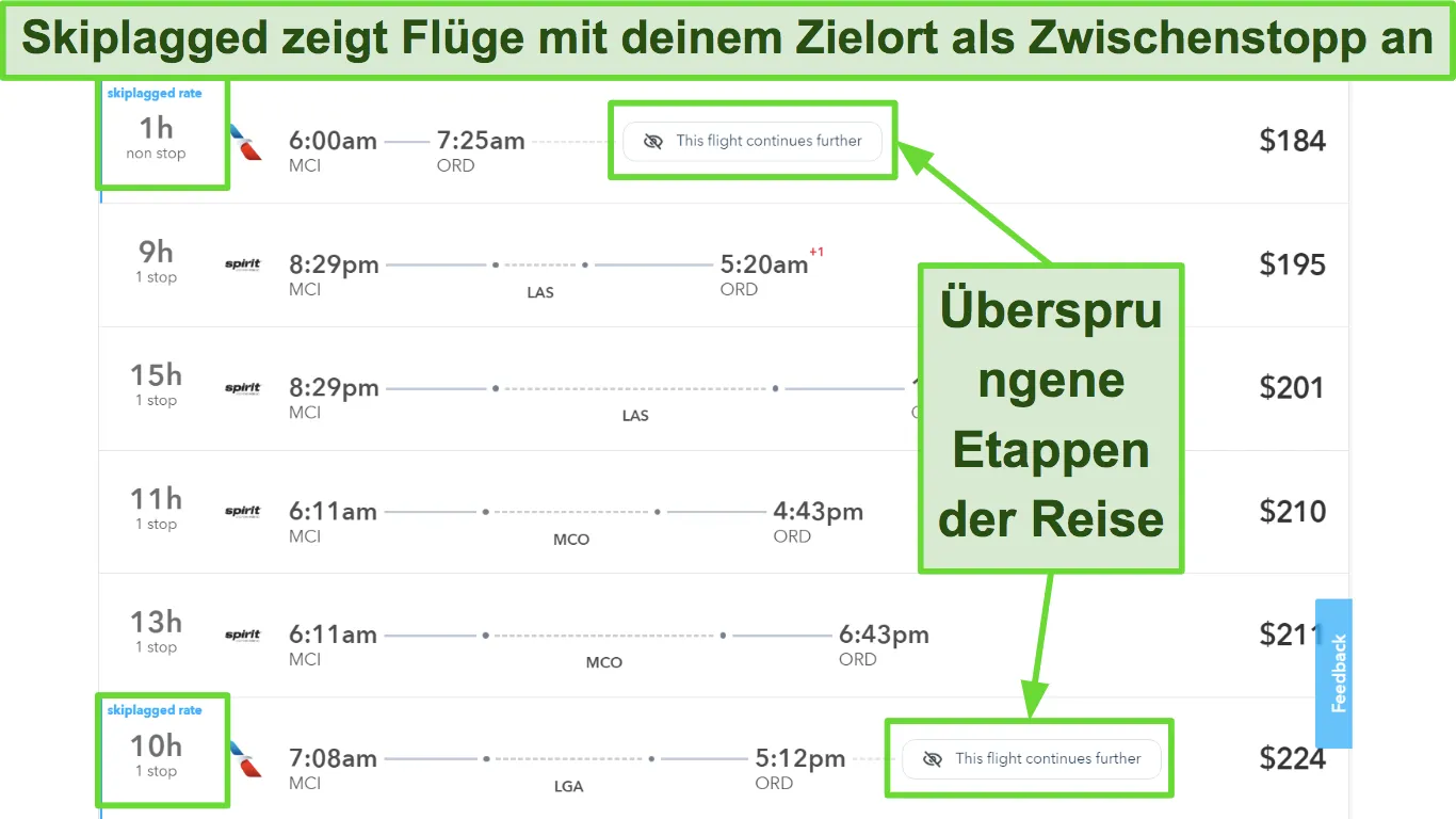 Screenshot of Skiplagged's suggested routes with your destination as layover