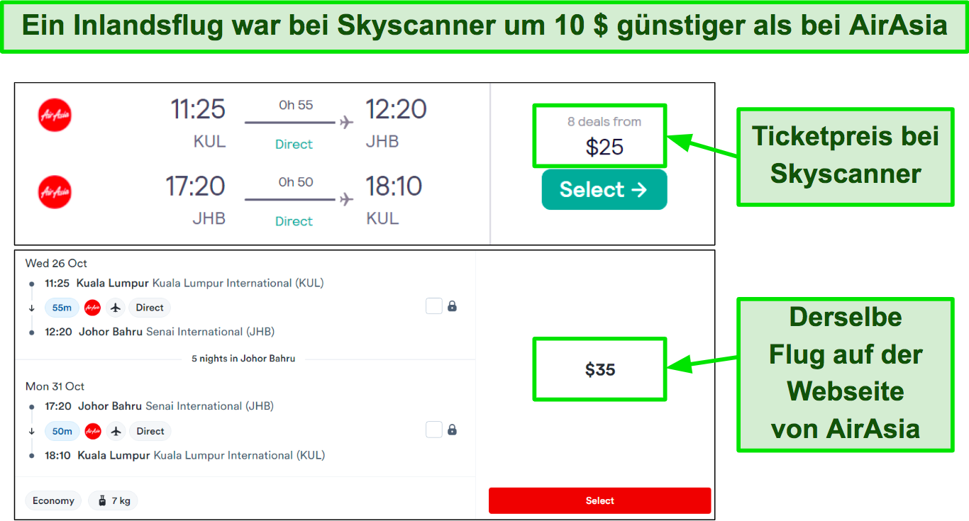 Vergleich von Flugpreisen zwischen Skyscanner und AirAsia für denselben Flug