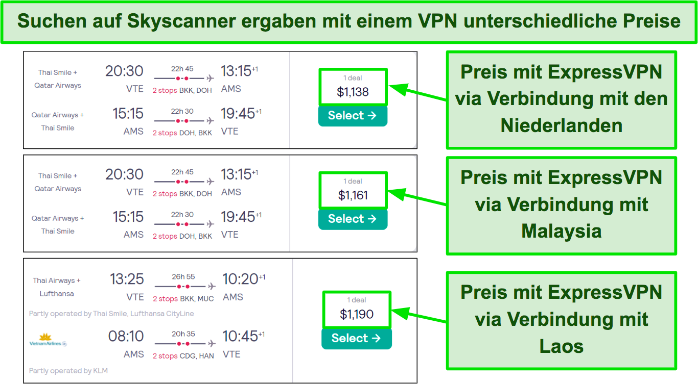 Vergleich von Flugpreisen auf Skyscanner, wenn ExpressVPN mit verschiedenen Servern verbunden war