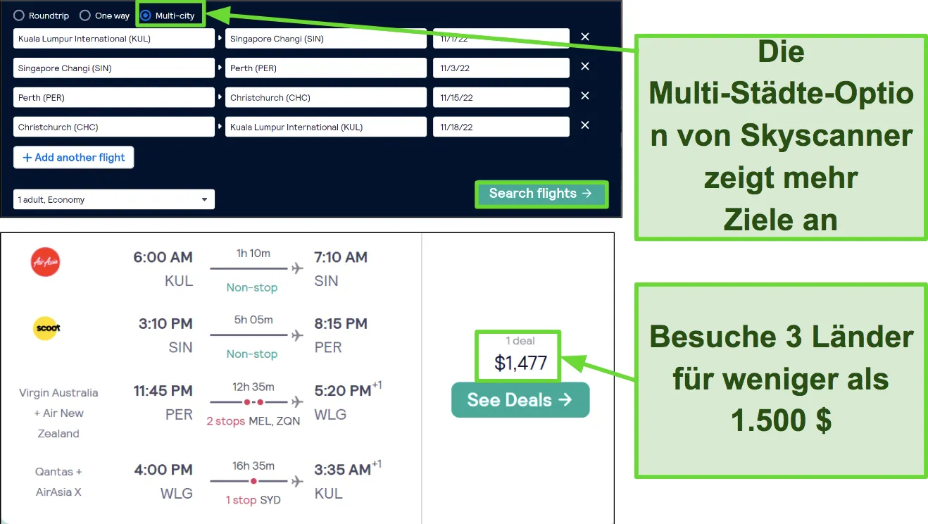 Screenshot of Multi-city option on Skyscanner and a combined round trip from Malaysia to New Zealand