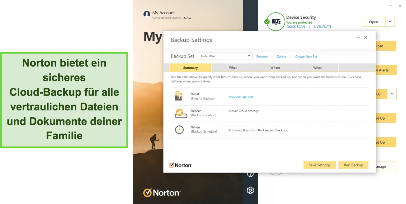 Nortons sichere Cloud-Backup-Einstellungen