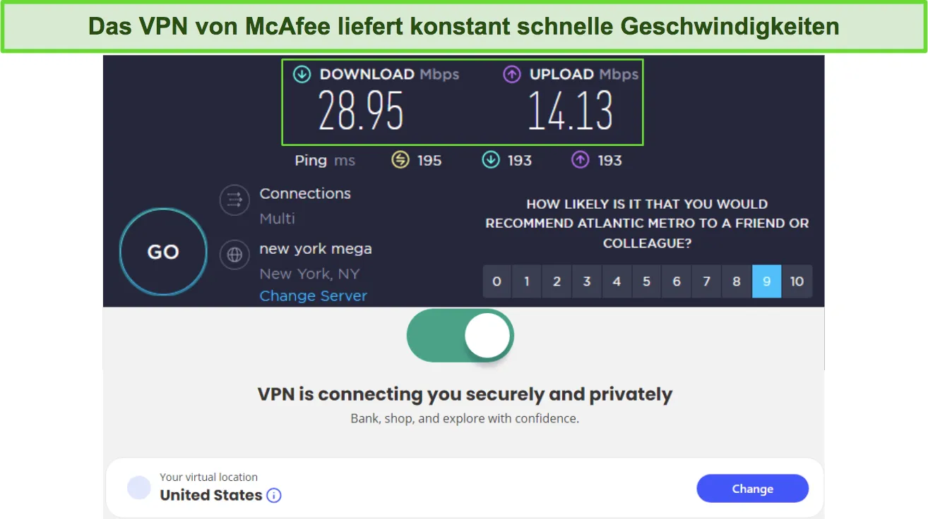 Ergebnisse des McAfee VPN-Geschwindigkeitstests