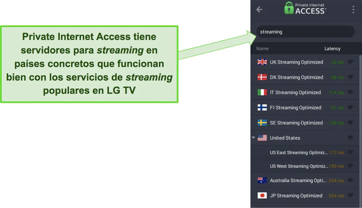 Captura de pantalla que muestra los servidores optimizados para streaming de Private Internet Access para televisores inteligentes LG.