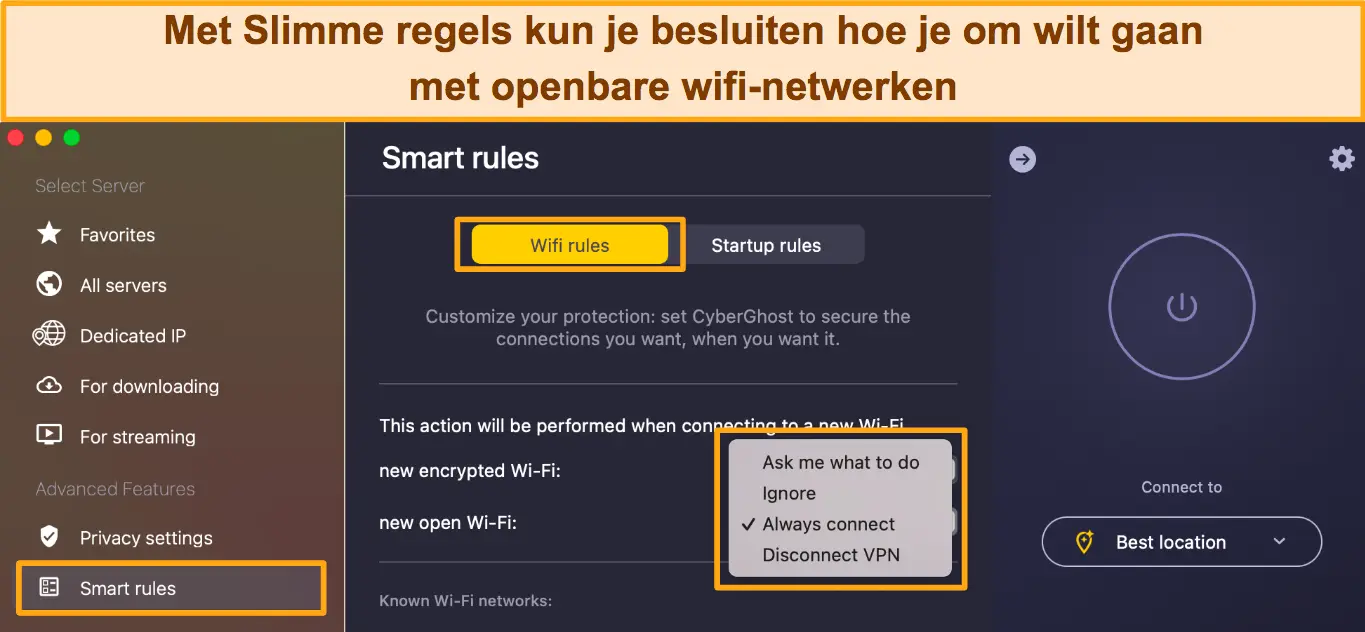 Screenshot van de Smart Rules-functie van CyberGhost om WiFi-regels in te stellen