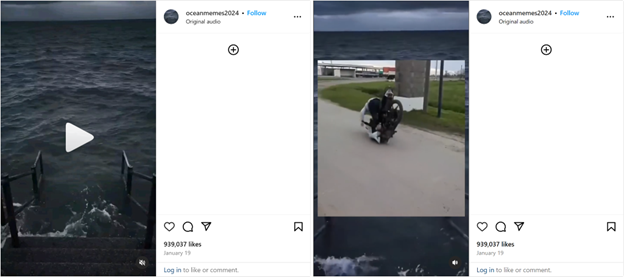 side-by-side screenshots of an Instagram reel, showing the ocean first, and then a potentially problematic video overlaid on top