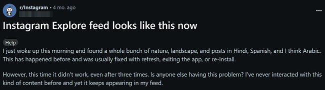 screenshot of a Reddit post of a user asking why there is so much Hindi, Spanish, and perhaps Arabic content suddenly appearing on their feed