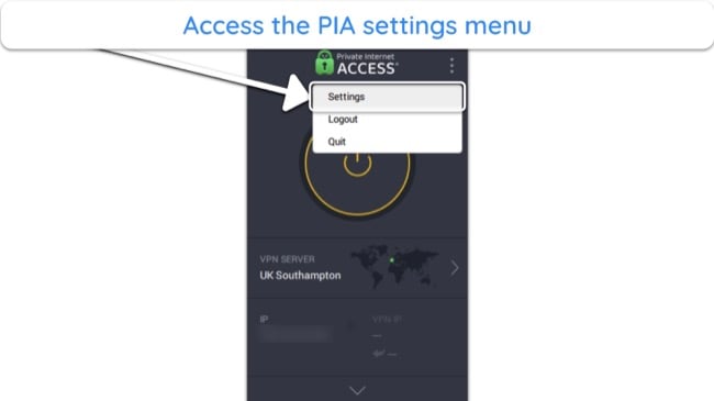 Screenshot showing how to access the settings menu in PIA