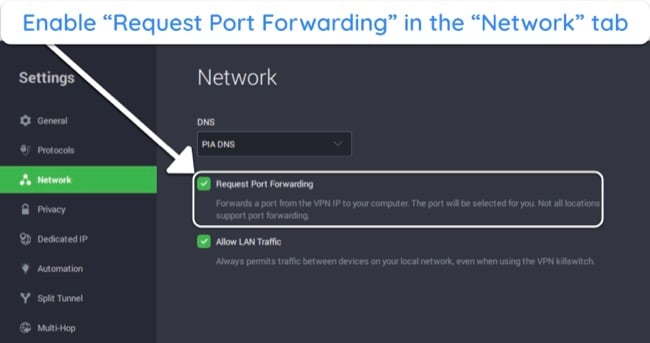 Screenshot showing how to enable port forwarding in PIA's settings menu