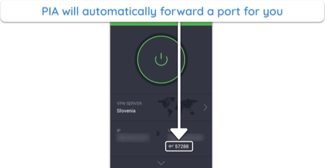 Screenshot of PIA automatically forwarding a port after connecting to a server