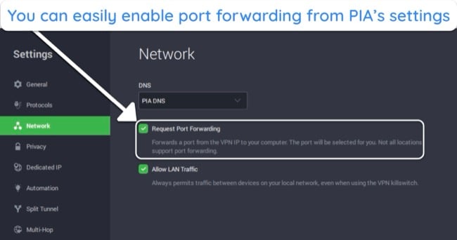 Screenshot showing how to enable port forwarding through PIA's app