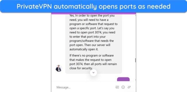 Screenshot of PrivateVPN's support explaining how its port forwarding works