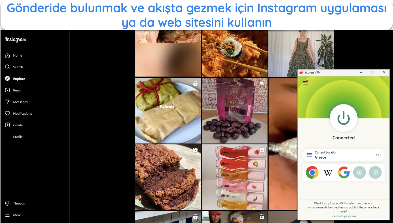 ExpressVPN'in Windows uygulamasının Yunanistan'daki bir sunucuya bağlı olduğu bir web tarayıcısında açık Instagram görüntüsü.