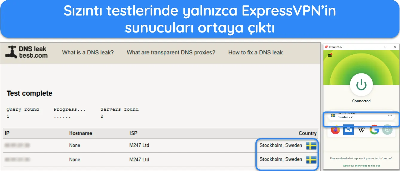 ExpressVPN, DNS, IPv6 ve WebRTC sızıntı testlerimi sürekli olarak geçti ve verilerimi gizli tuttu.