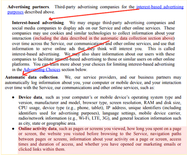 Excerpt from HyperWrite’s privacy policy