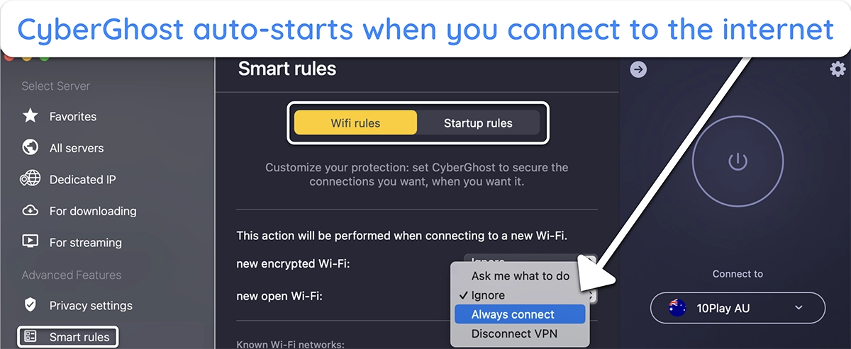 Screenshot of how to set up CyberGhost's WiFi rules in the Smart Rules tab