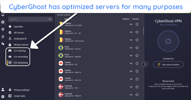 Screenshot showing the optimized servers available in CyberGhost's desktop app