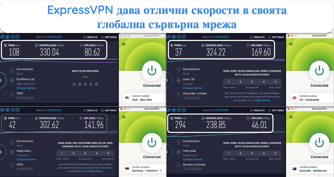 Екранна снимка на тестове за скорост на ExpressVPN, показващи сървъри в САЩ, Обединеното кралство, Австралия и Германия.