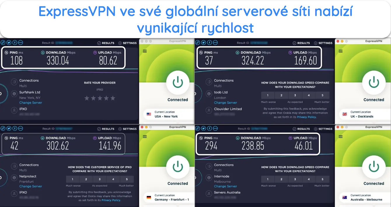 Snímek obrazovky testů rychlosti ExpressVPN zobrazující servery v USA, Velké Británii, Austrálii a Německu.