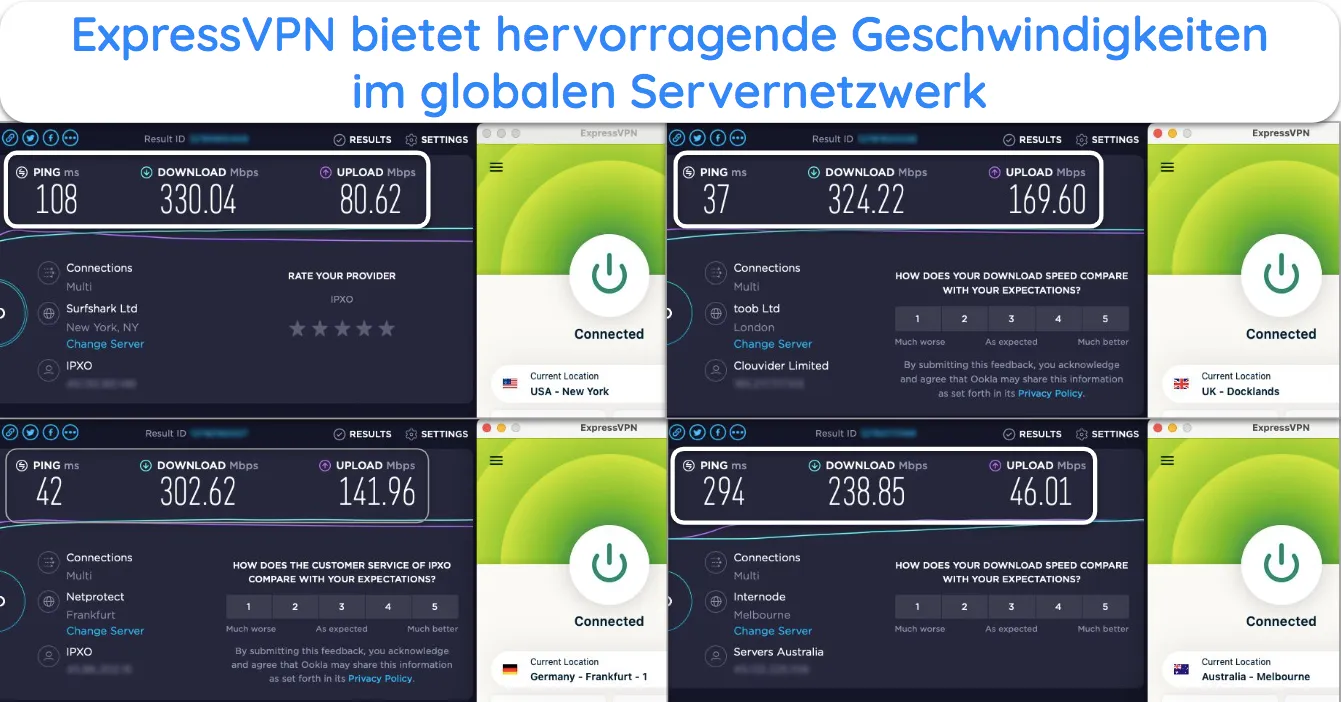 Screenshot der Geschwindigkeitstests von ExpressVPN, der Server in den USA, Großbritannien, Australien und Deutschland zeigt.