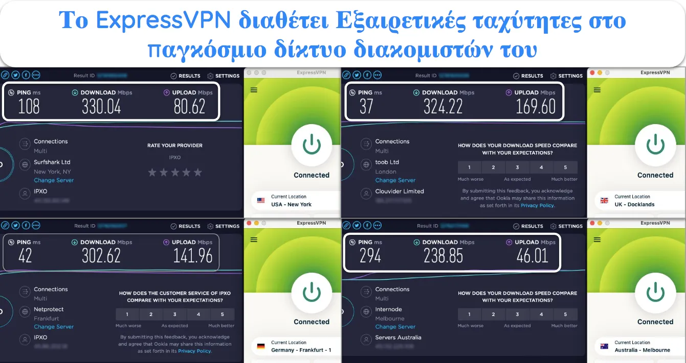 Στιγμιότυπο οθόνης δοκιμών ταχύτητας ExpressVPN που εμφανίζουν διακομιστές στις ΗΠΑ, το Ηνωμένο Βασίλειο, την Αυστραλία και τη Γερμανία.