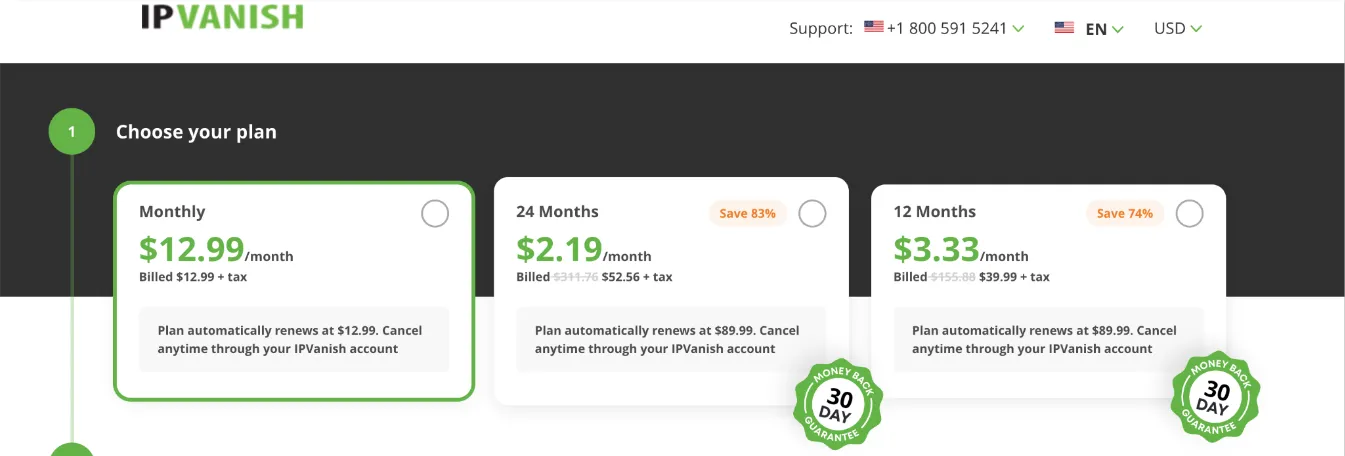 IPVanish vendor pricing table screenshot