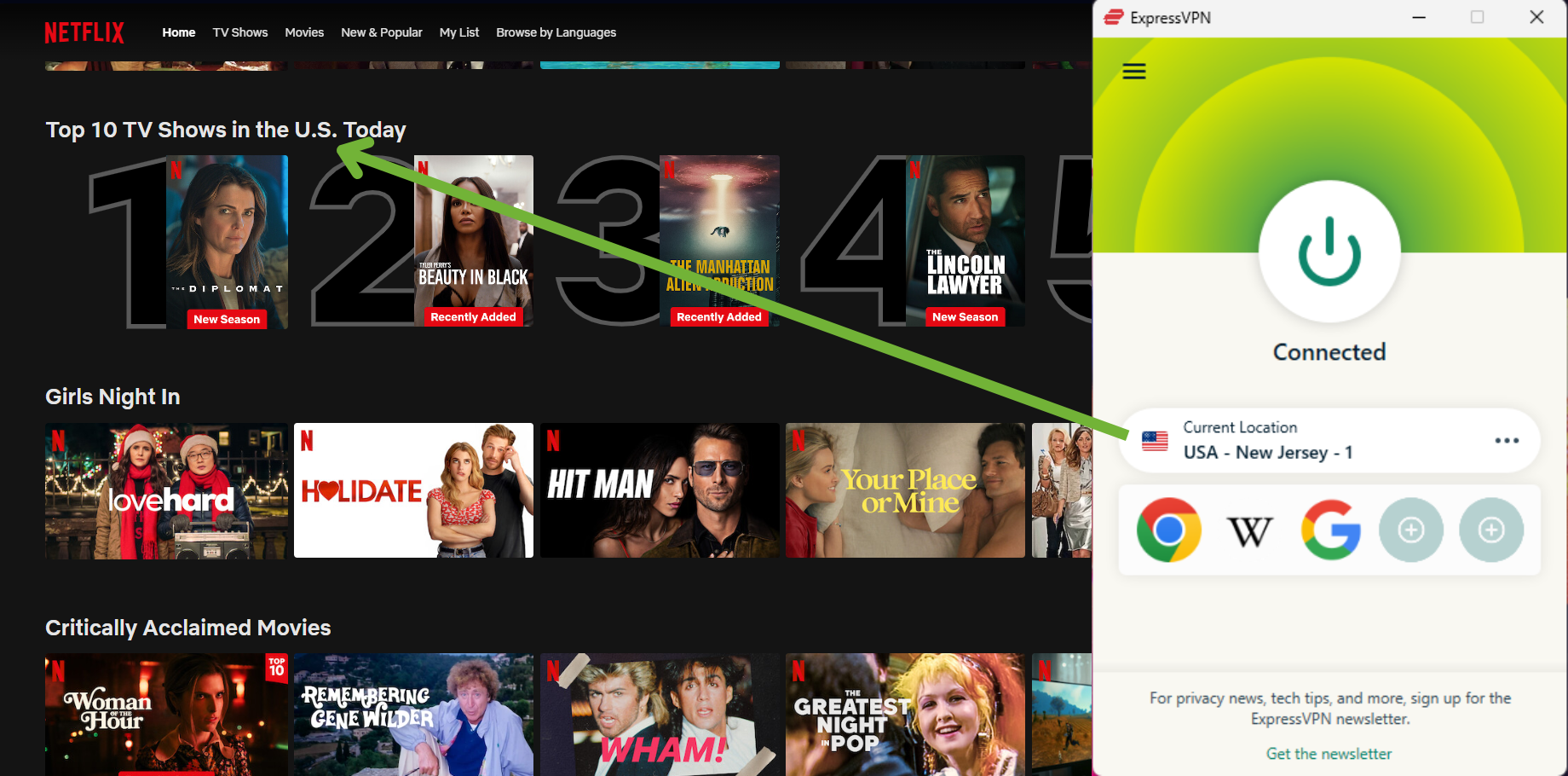 Screenshot showing the Netflix interface with ExpressVPN successfully connected. The screen displays the \'Top 10 TV Shows in the U.S. Today\' section, along with categories like \'Girls Night In\' and \'Critically Acclaimed Movies,\' indicating access to Netflix content through the VPN connection.