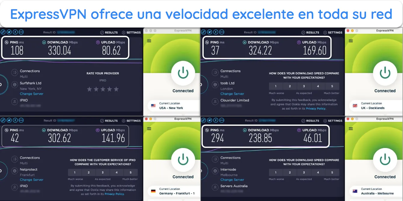 Captura de pantalla de las pruebas de velocidad de ExpressVPN que muestran servidores en EE. UU., Reino Unido, Australia y Alemania.