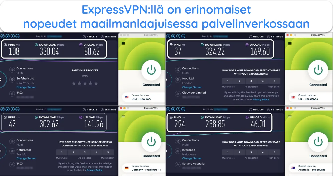 Kuvakaappaus ExpressVPN-nopeustesteistä, jotka näyttävät palvelimia Yhdysvalloissa, Isossa-Britanniassa, Australiassa ja Saksassa.