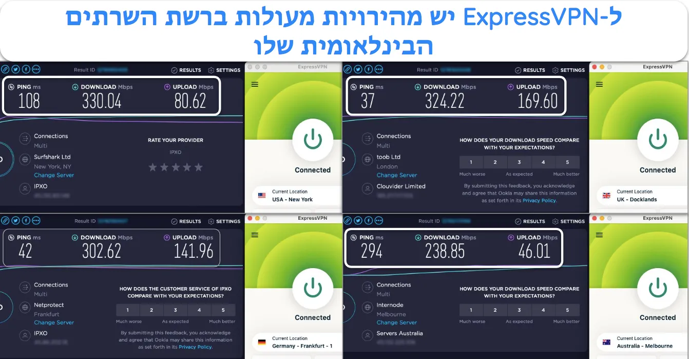 צילום מסך של מבחני מהירות ExpressVPN המציגים שרתים בארה\