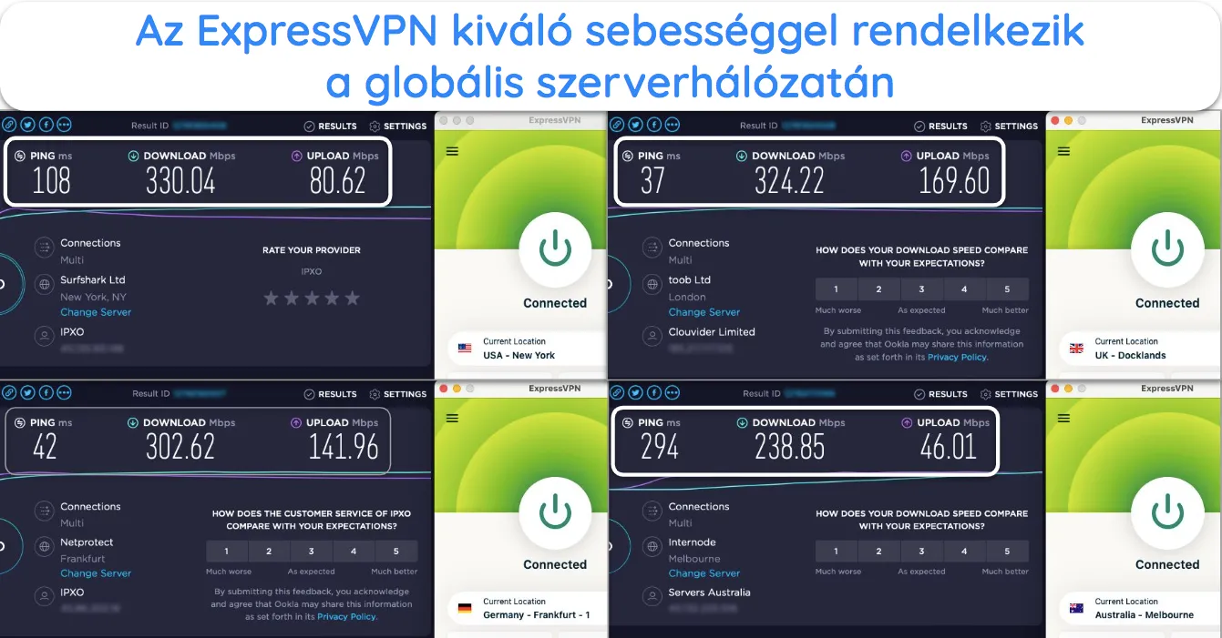 Képernyőkép az ExpressVPN sebességtesztekről, amelyek az Egyesült Államokban, az Egyesült Királyságban, Ausztráliában és Németországban található szervereket mutatják be.