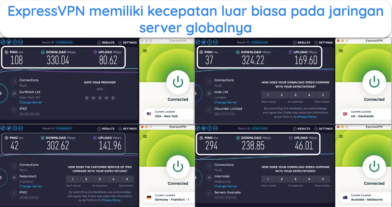 Tangkapan layar uji kecepatan ExpressVPN yang menunjukkan server di AS, Inggris, Australia, dan Jerman.