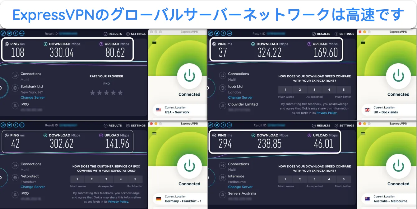 米国、英国、オーストラリア、ドイツのサーバーを示す ExpressVPN 速度テストのスクリーンショット。