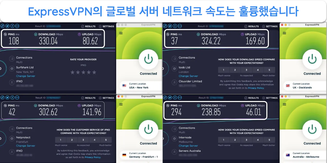 미국, 영국, 호주, 독일의 서버를 보여주는 ExpressVPN 속도 테스트 스크린샷.