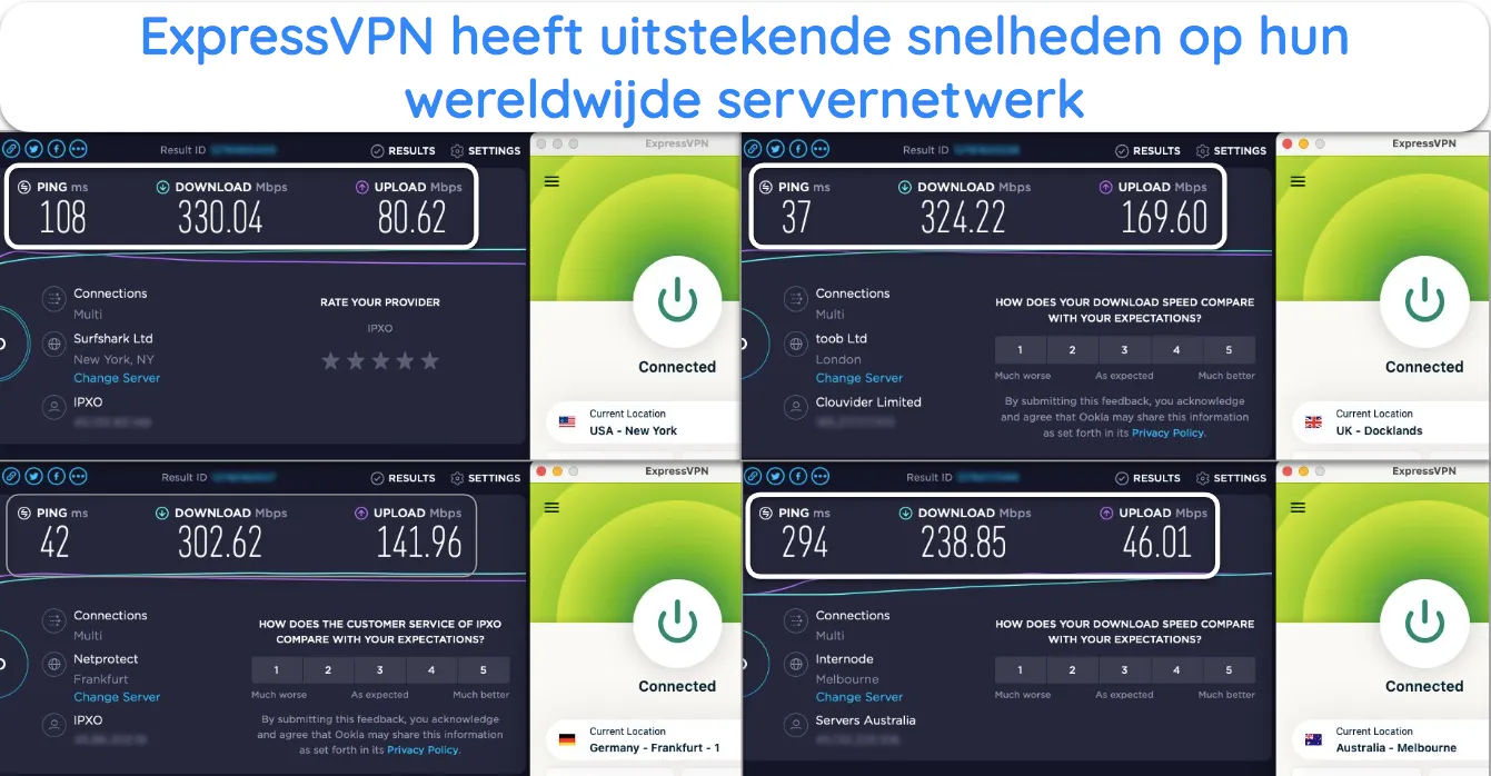 Schermafbeelding van ExpressVPN-snelheidstests met servers in de VS, het VK, Australië en Duitsland.