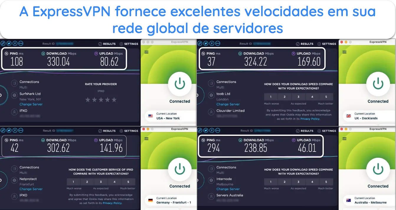 Captura de tela dos testes de velocidade da ExpressVPN mostrando servidores nos EUA, Reino Unido, Austrália e Alemanha.